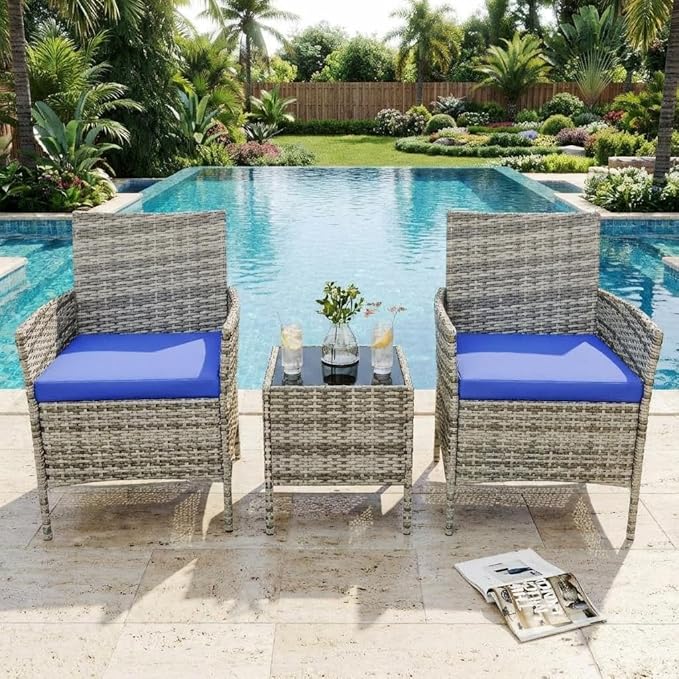 3 Piece Outdoor Patio Furniture Set, All-Weather PE Rattan Wicker Chairs