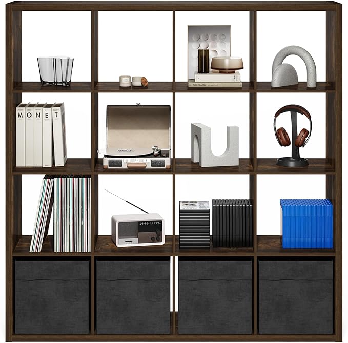Furinno Cubicle Book Shelf, 16-Cube Bookshelf, Extra Thick Frame Reversible