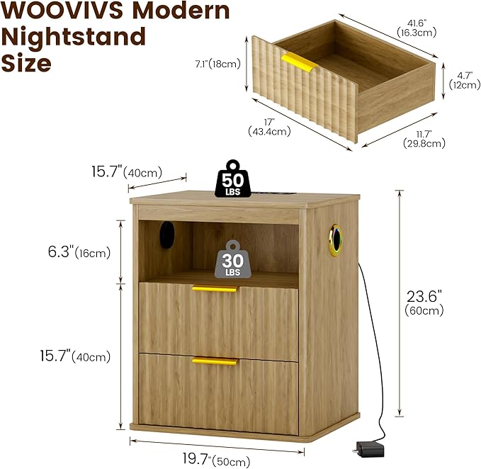 WOOVIVS Modern NightStand with Smart Human Sensor Lights, Bedside Table