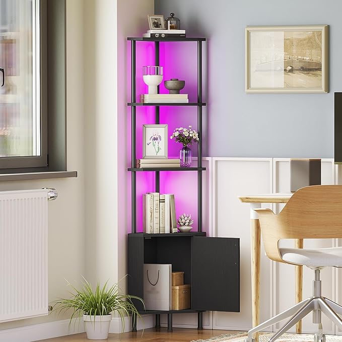 HOOBRO Corner Cabinet with LED Light, Corner Shelf Stand with Storage and Doors