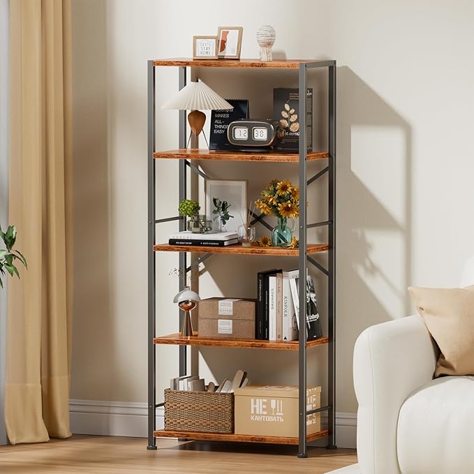 Furologee 5 Tier Book Shelf Set of 2, Tall Wide Bookshelf, Industrial Open
