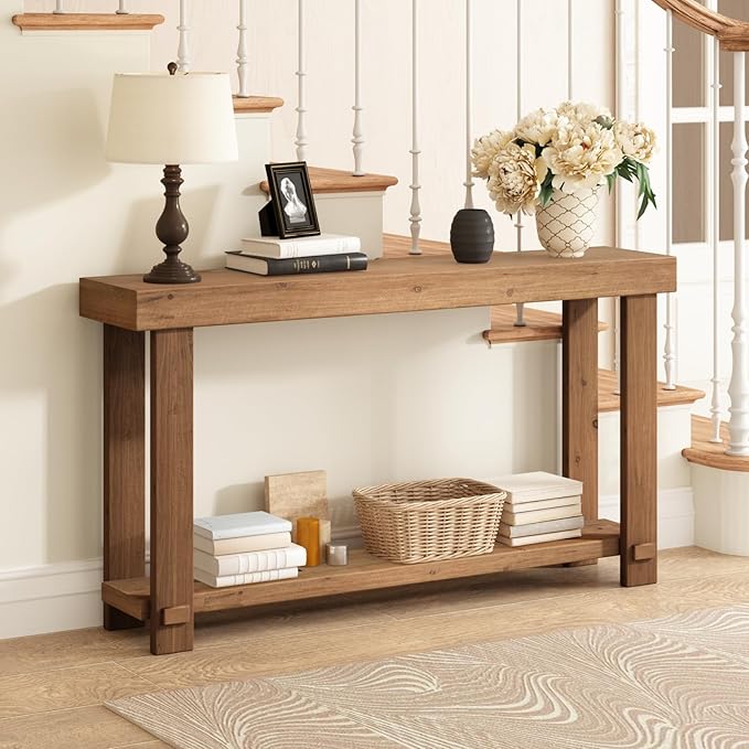 Solid Wood Console Table, 55.1" Long Farmhouse Entryway Tables Thickened