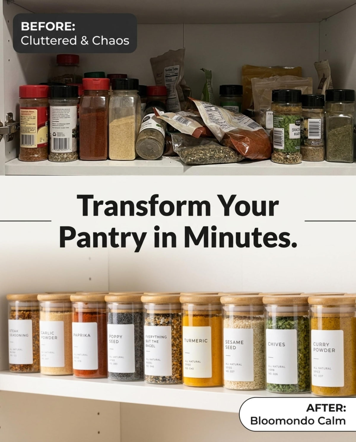 Bloomondo Empty Spice Jars with Label Pack (12x Bamboo Lid Glass Jar). Small 6oz Spice Storage Bottles with 112 Printed Stickers and 48 Writable Pantry Labels for Seasoning Containers