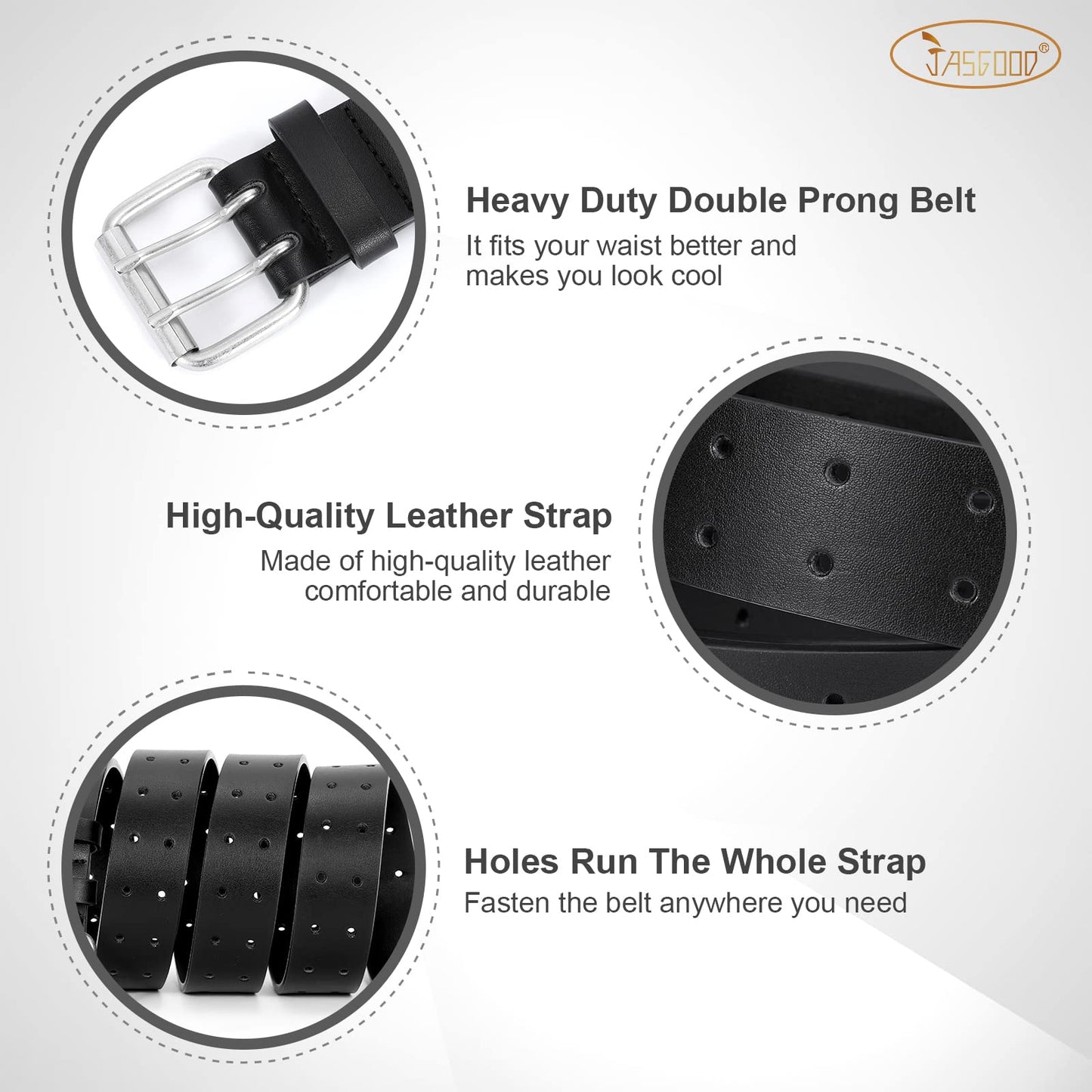 JASGOOD Men Double Prong Leather Belt Casual Work Heavy Duty Belt Double Grommet Holes Belt for Jeans (Black,Suit for Waist Size Below 51")