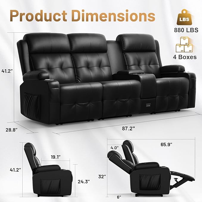 Loveseat Recliner Sofa, 3-Seater Home Theater Seating Massage Reclining Couch
