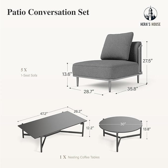 HERA'S HOUSE Metal Patio Furniture Set, Modular 5 Seats and 1 Nesting Coffee