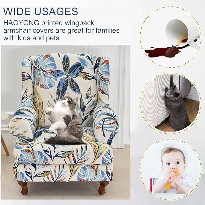 HAOYONG Wing Chair Slipcovers Stretch Wingback Chair Covers Printed 2 Pieces