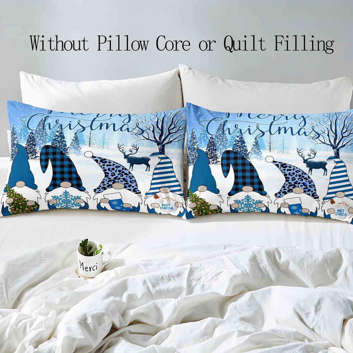 LUVIVIHOME 3PCS Christmas Gnome Duvet Cover Queen, Christmas Bedding Holiday Christmas Tree Snowflake Reindeer Tomte Elf Plaid Striped Leopard Print Blue Comforter Bedspread Quilt Cover 2 Pillow Cases