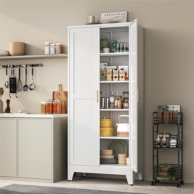 YAUWOH 71''Metal Cabinet with 4 Adjustable Shelves, 5-Tier Pantry Storage