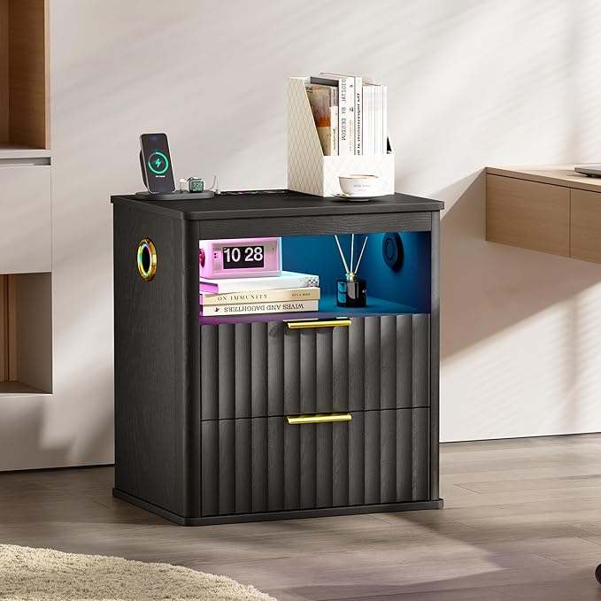 WOOVIVS Modern NightStand with Smart Human Sensor Lights, Bedside Table
