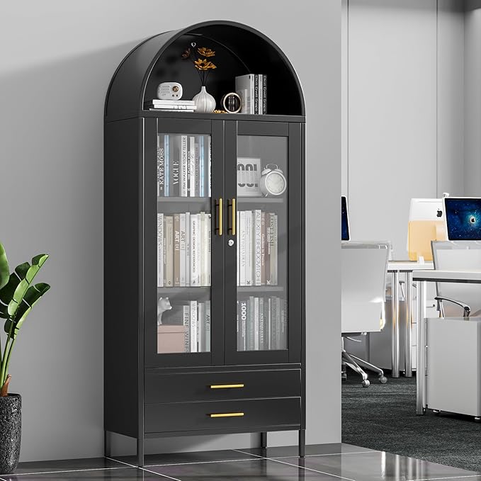 73" Tall Display Cabinet with Glass Doors and 2 Drawers, Metal Arched Cabinet