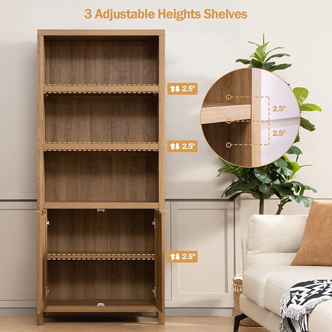 SICOTAS Bookcase 71" Tall Bookshelf 5 Tier Rattan Boho Bookcase