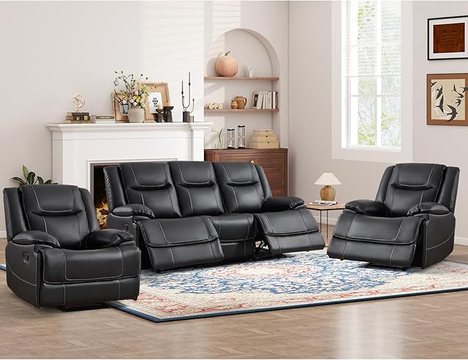 ANJ Premium Genuine Manual Reclining Sofa Set, Included Manul Recliner Chair