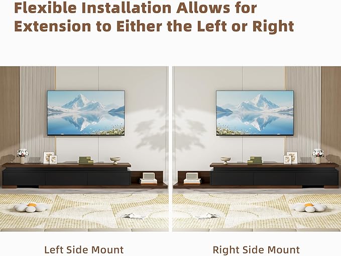 Extendable TV Stand with LED Lights, Modern TV Console with 3 Drawers, Wooden