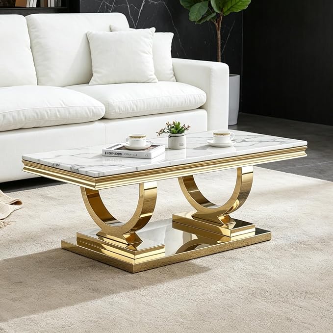 Henf 47" Marble Coffee Table Modern White Faux Marble Center Table
