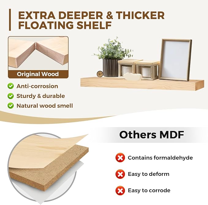 36x8x1.6 inch Floating Shelves Set of 2 – Solid Wood Rustic Wood Wall Mounted