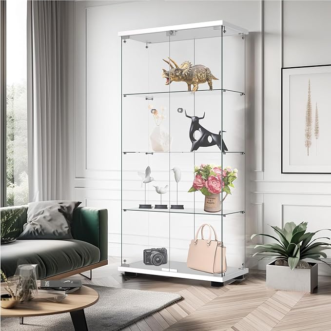 Display Cabinet with Glass Door and Lock, 4-Shelf Fast Installation in 30 Mins