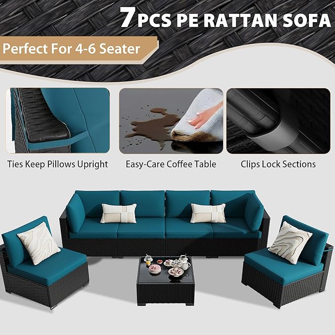 KIGOTY 7-Piece Patio Furniture Set, All-Weather PE Rattan Outdoor Sectional Sofa
