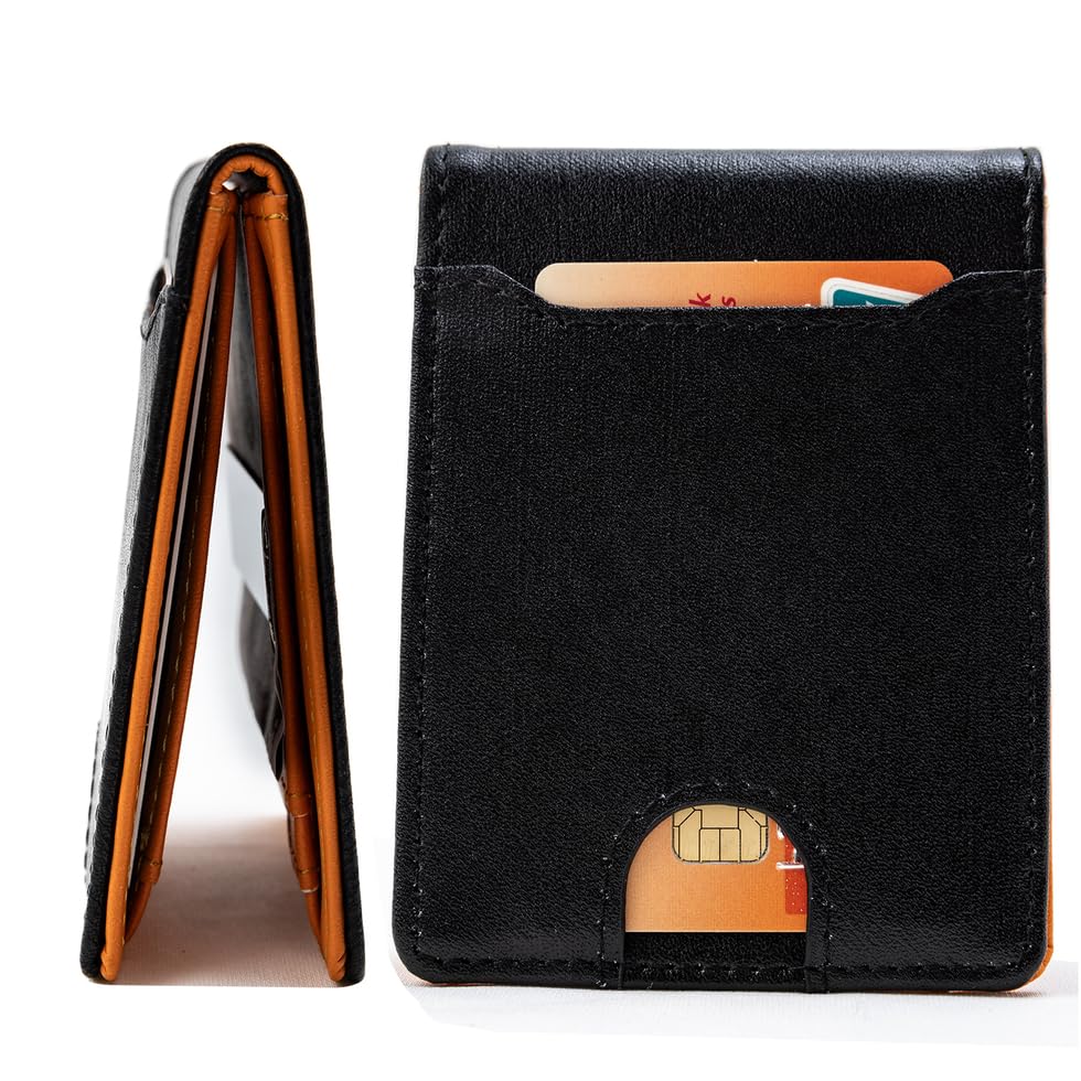 ECROSKO Mens Slim Wallet - Minimalist Front Pocket Bifold Top-Grain Leather Wallets with Money Clip ID Window Credit Card Holders Gifts for Men