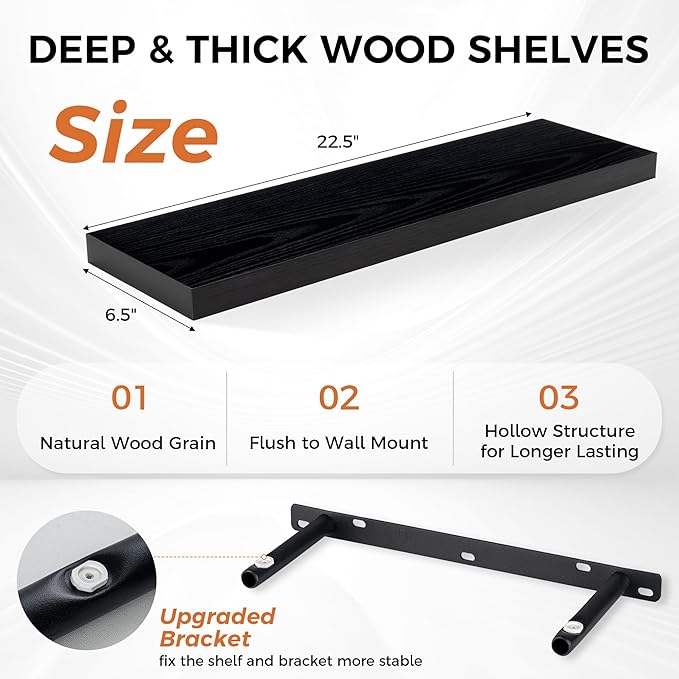 Fun Memories Deep Black Floating Shelf, 22.5" W x 6.5" D Rustic Wood Wall Shelf