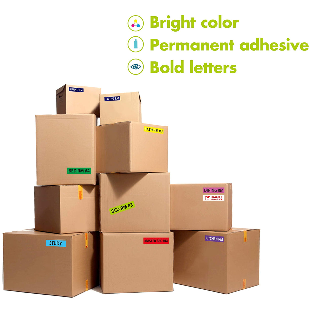 640 Pcs Removable Home Moving Labels 15 Pre-Printed Color-Coded Plus 1 Customizable Blank (Each Measures 4" x 1")
