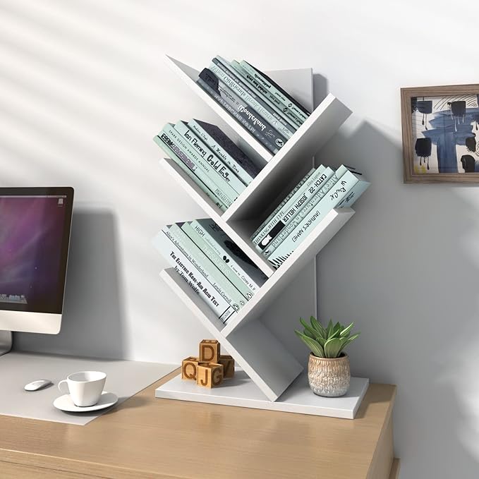 Godferyxin Small Bookcase for Desk Decor, 5-Tier White Wood Small Bookshelf –