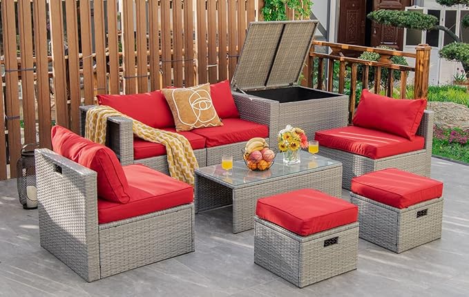 Tangkula 8 Piece Patio Wicker Furniture Set, Patiojoy Space Saving Outdoor PE