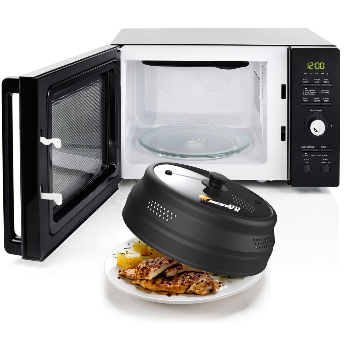 Collapsible Microwave Cover for Food - Silicone and Glass Splatter Guard Lid for 6-12 inch Plates & Bowls, Dishwasher Safe, Heat Resistant, BPA-Free, Black
