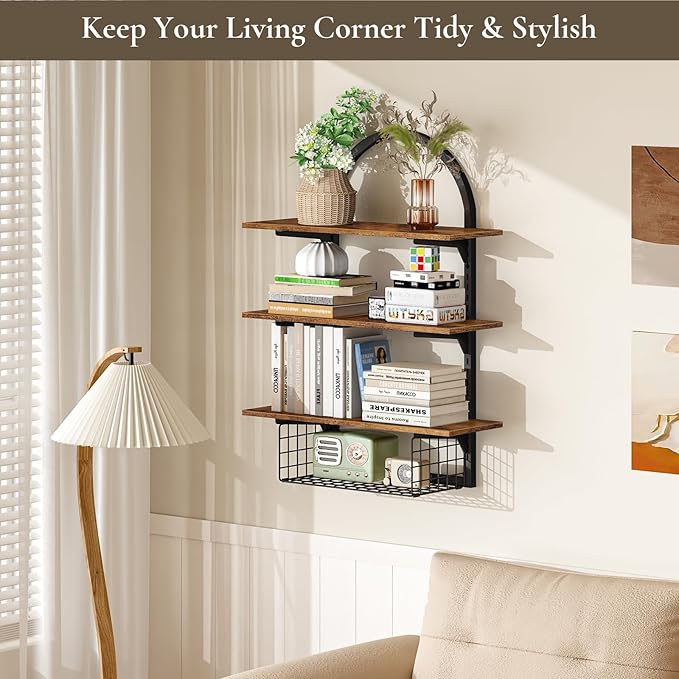3 Tier Floating Shelf with Storage Baskets, Wall Mounted Bathroom Shelves Over