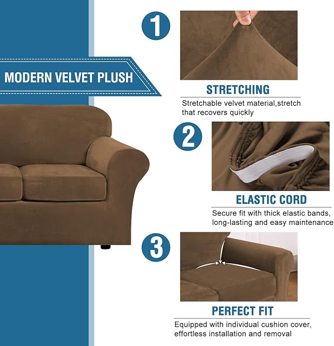 H.VERSAILTEX Modern Velvet Plush 4 Piece High Stretch Sofa Slipcover Furniture