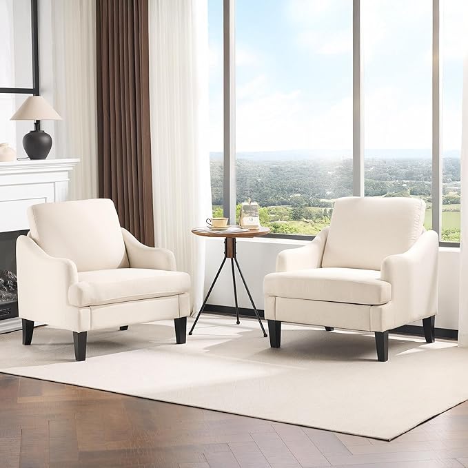 VINGLI Linen Fabric Accent Chair Beige, Modern Upholstered Armchair, Comfy Sofa