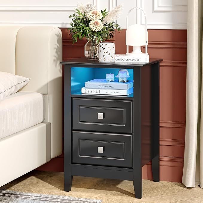 Bonnlo Led Nightstand with Charging Station, Night Stand Black Bedside Table