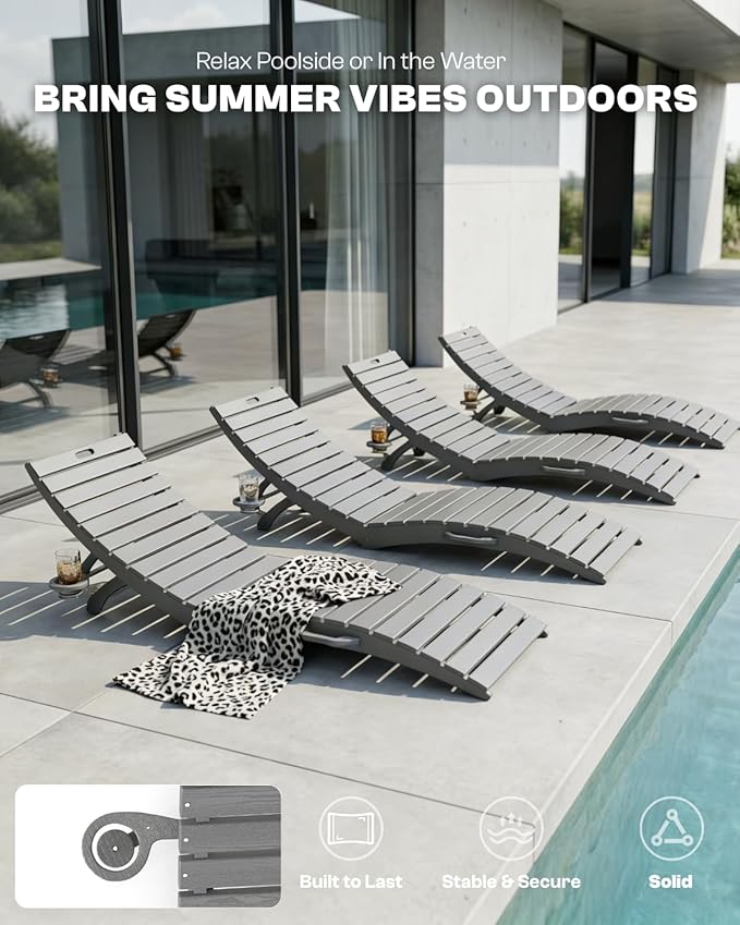 Folding HDPE Pool Lounge Chairs Set of 2, Pre-Assembled Outdoor Chaise Lounge