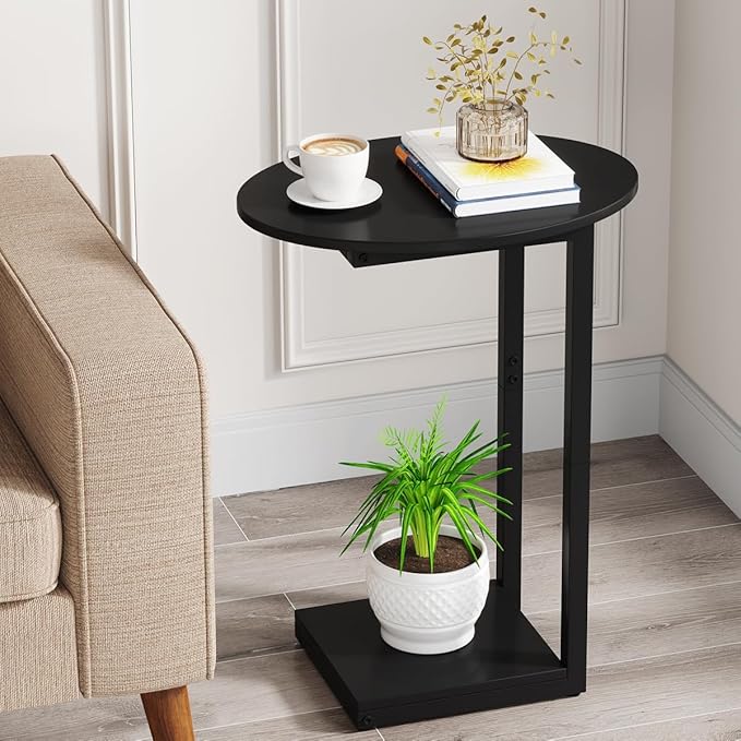 Hosfais Small Side Table End Table, C-Shaped Wood Coffee Table TV Tray