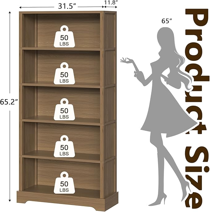 TVU 5-Tier Wooden Bookshelf, 31.5" W Standing Book Shelf