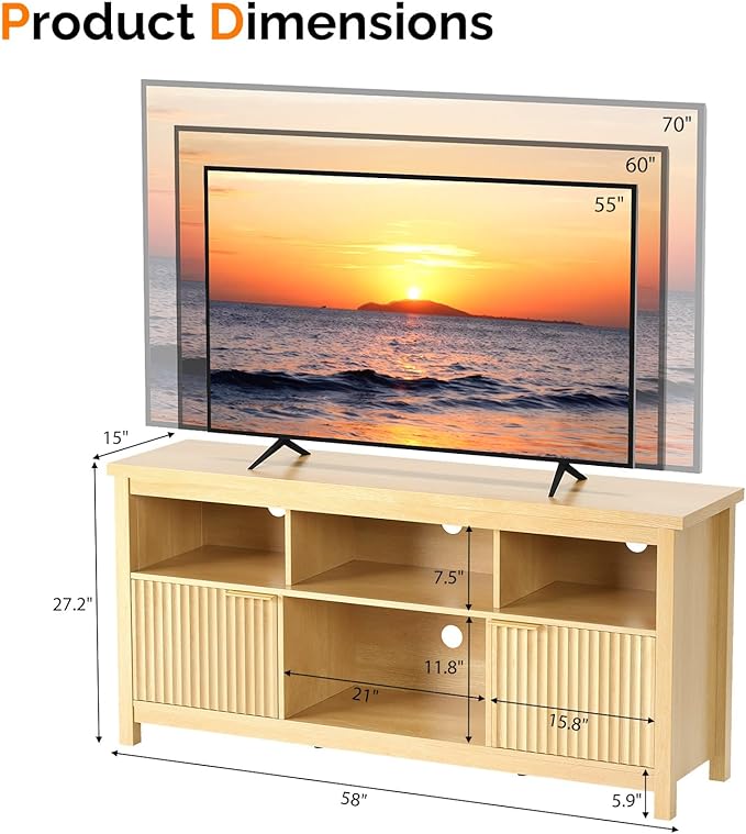 VINGLI 58" Fluted TV Stand for TVs up to 70", Modern TV Stand
