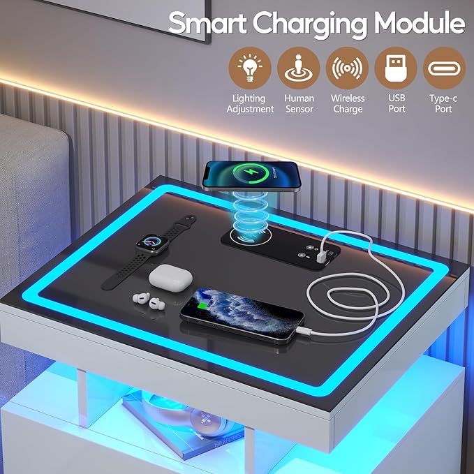 LED Nightstand Set 2 with Wireless Charging Station, Glass Top Smart Bedside