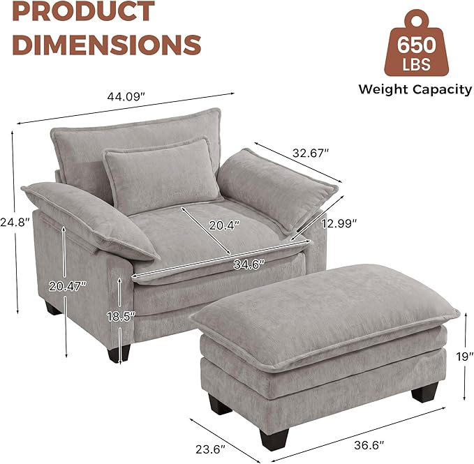 Oversized Accent Chair with Ottoman Set of 2, Upholstered Armchair with Extra