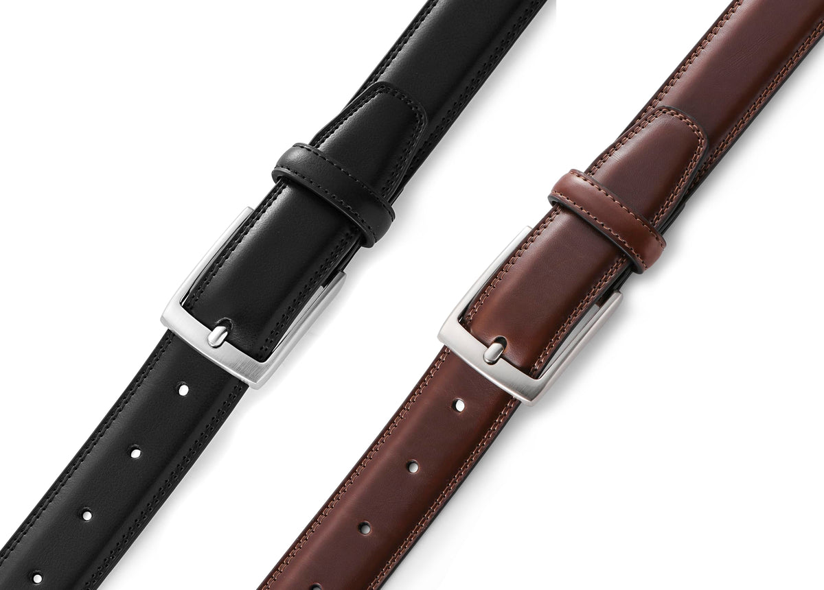 MILORDE Men's Leather Dress Belt 2Pack, Handmade, 100% Cow Leather, Fashion & Classic Designs for Work Business and Casual (2pack-Black101/Brown103,36)