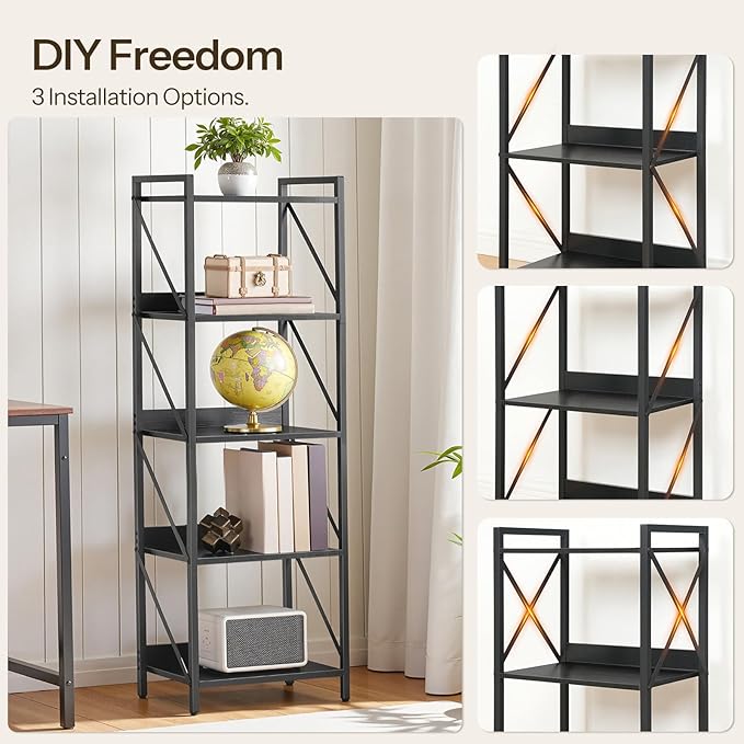 HOOBRO Bookshelf, 5-Tier Industrial Bookcase, Book Shelf Storage Organizer