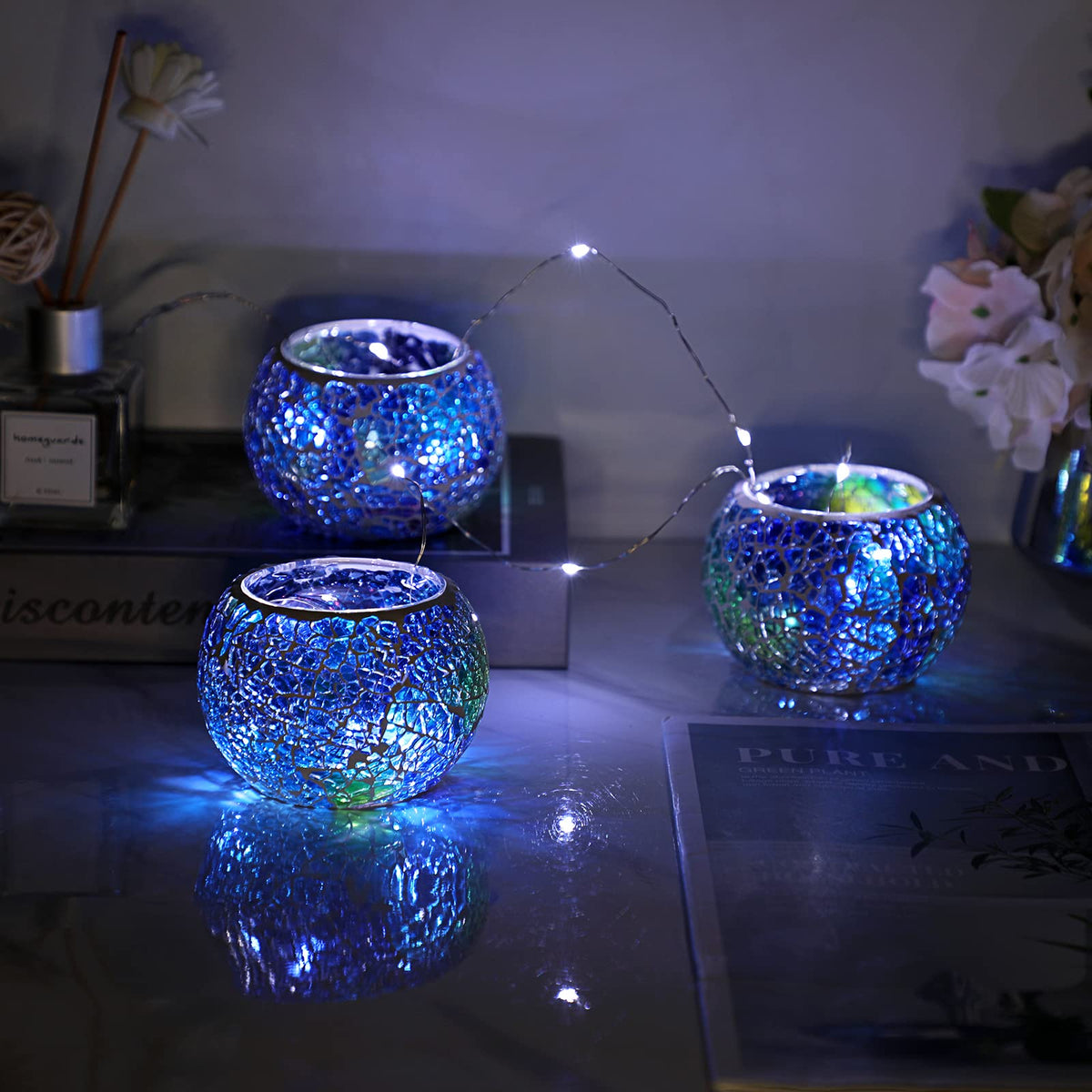 OwnMy Set of 3 Blue Mosaic Glass Tea Light Holders Round Bowl Votive Candle Holders Pillar Candle Stands, Glass Mosaic Tealight Holders Potted Plant Bowl Vase Candle Centerpiece for Table Wedding