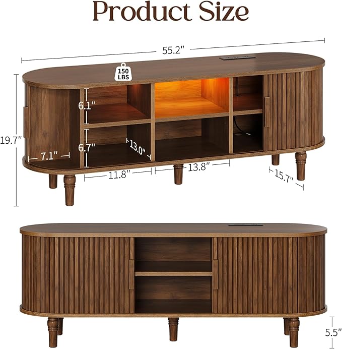 TV Console with Power Outlet-55 Entertainment Center with Sliding Tambour Door