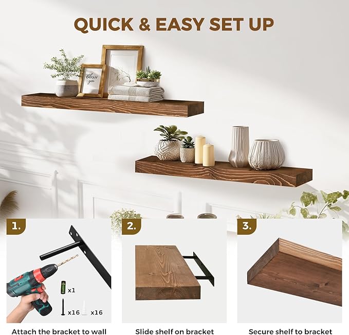 36x8x1.6 inch Floating Shelves Set of 2 – Solid Wood Rustic Brown Wall Mounted