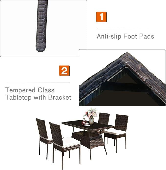 Tangkula 5 Piece Patio Wicker Dining Set, Outdoor Rattan Table and Chairs