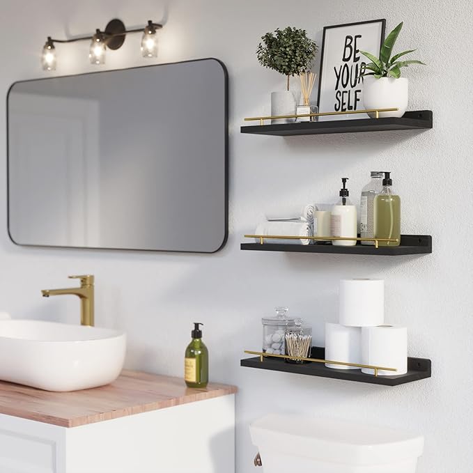 WOPITUES Floating Shelves with Gold Metal Guardrail, Shelves