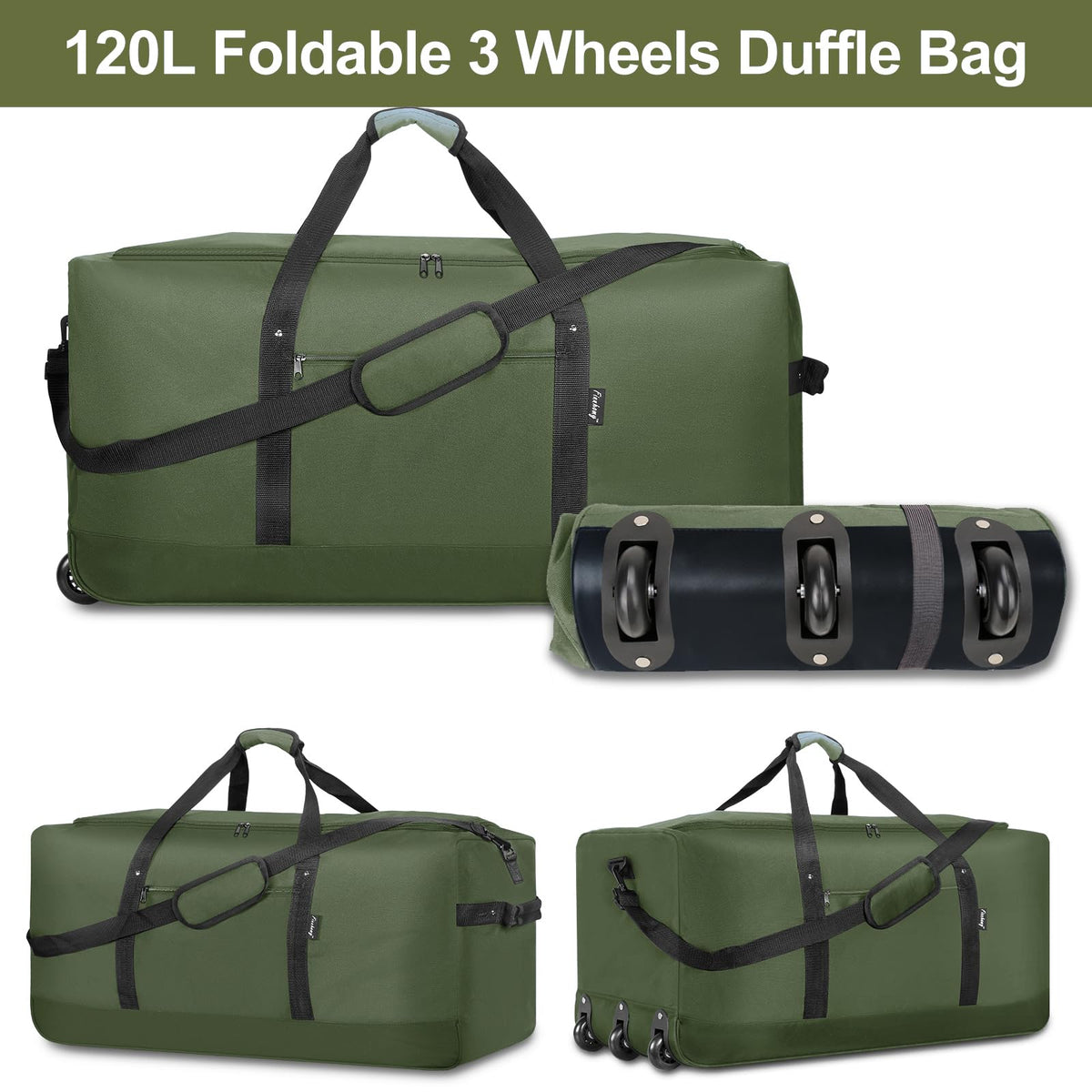 Finnhomy 120L Foldable Rolling Duffel Bag with 3 Wheels, Light Weight Travel Duffel bag with Large Loading Capacity, 32 inch Rolling Duffel bag with Shoulder Strap for Travel Camping Sports, Green