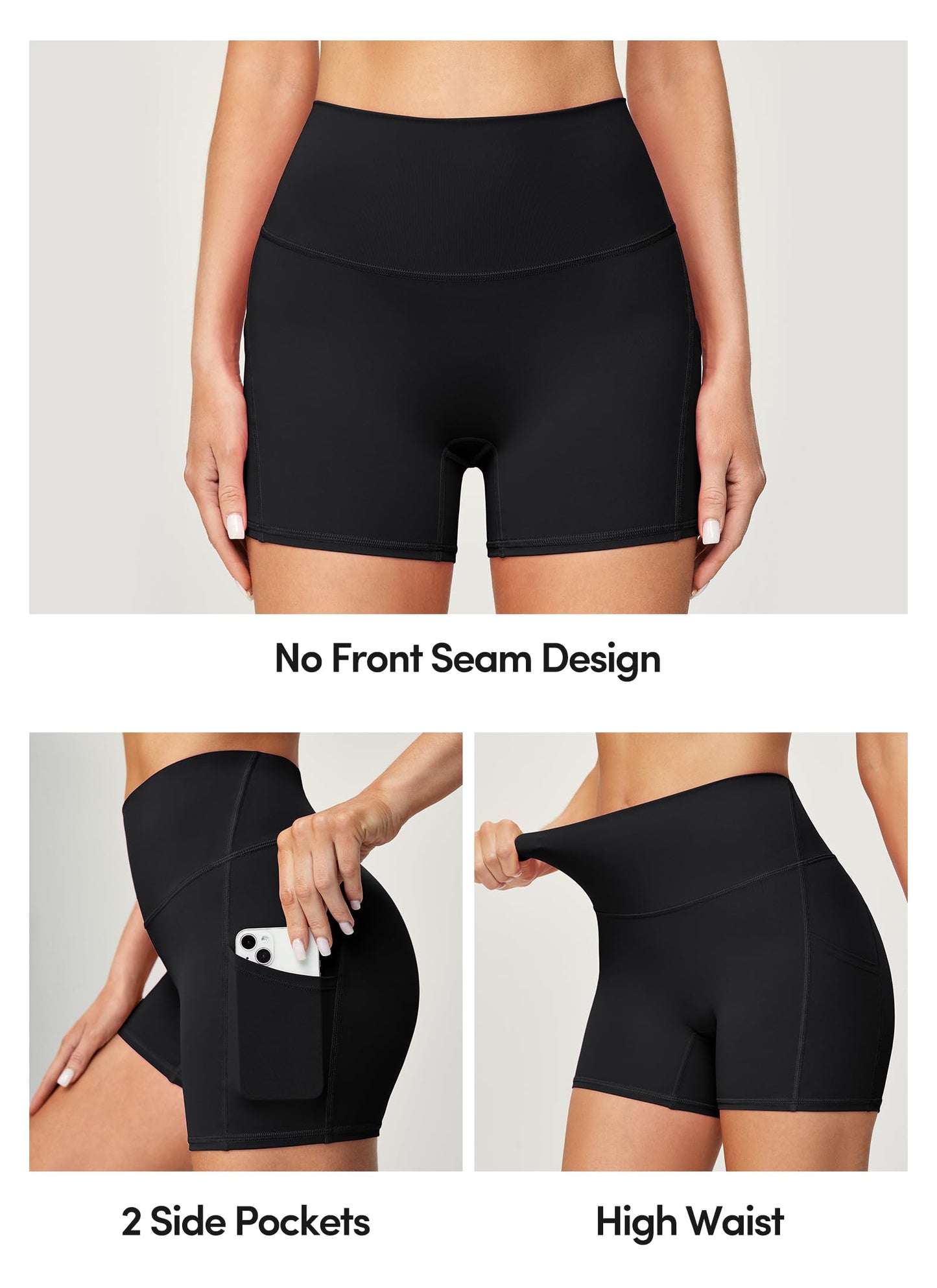 IUGA Biker Shorts Women with Pockets No Front Seam 4" Yoga Spandex Shorts Women Workout Running High Waisted Tummy Control Black