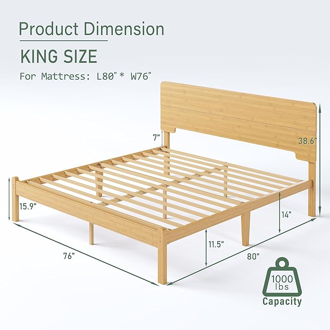 BOSRII 14in High Solid Bamboo Wood Platform King Size Bed Frame