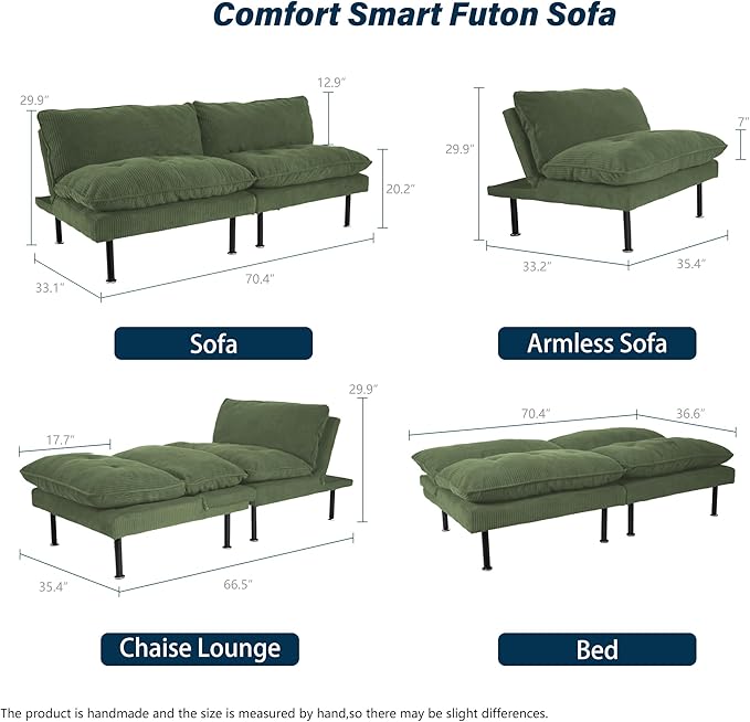Ribilake 70" Futon Sofa Bed, 4 in 1 Multi-Function Couch Sleeper