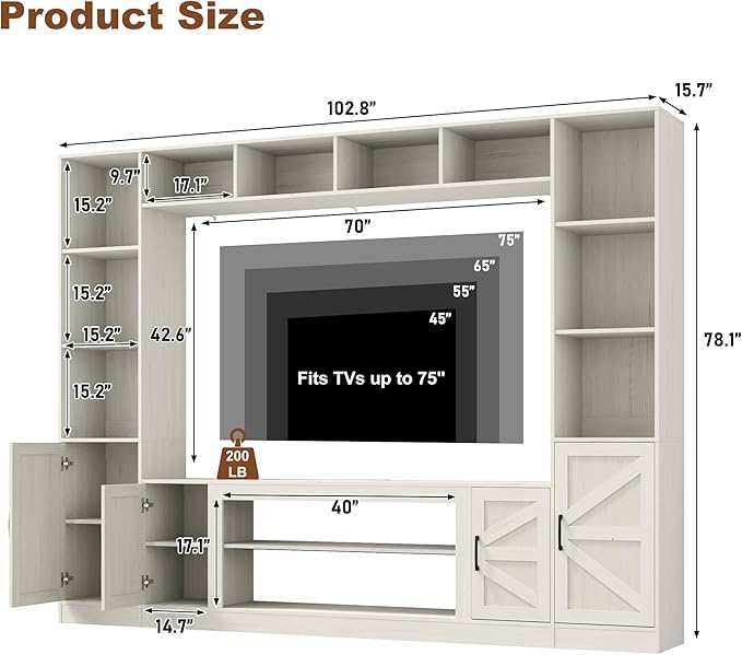 103" TV Stand for TVs up to 75", Wall Unit Multifunctional Entertainment Center